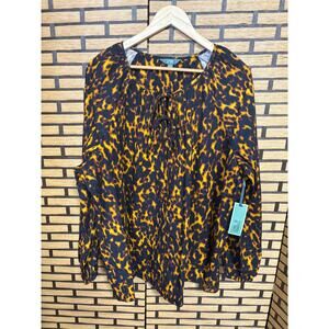 Terra And Sky Brown And Black Animal Print Tie Neckline Blouse Size 2X